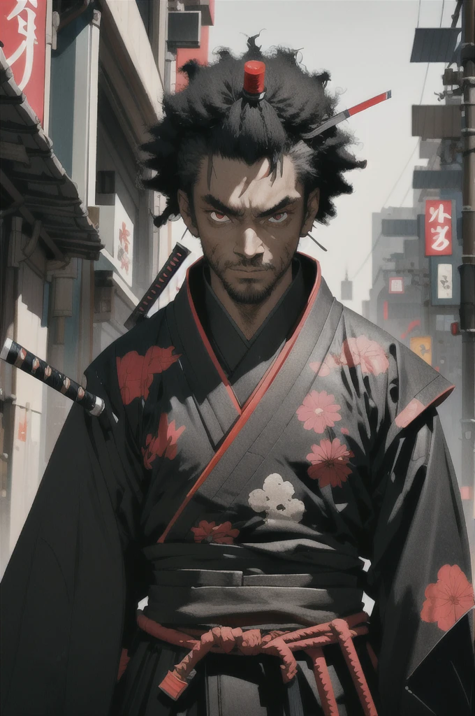 1 black samurai, 1 man, afrosamurai, black hair, cyberpunk, street style, streets of Tokyo, bright, with black skin, red eyes, looking at the viewer, upper body, megazine cover, shogum