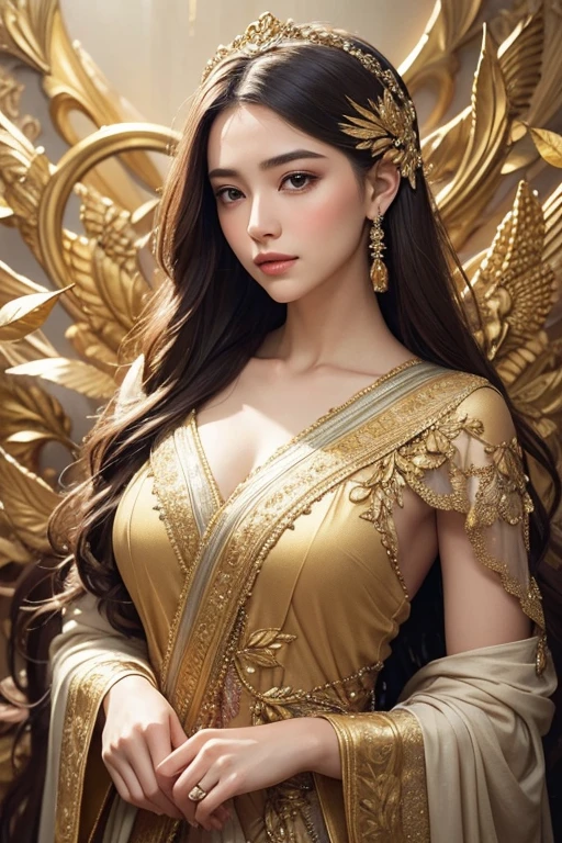 Create an image of a majestic goddess. The goddess is adorned with golden ornaments and manipulates divine light in her hands. She gazes directly at the camera, with intricate jewels and decorations scattered throughout her hair and attire. The background is surrounded by mystical circular patterns and a halo of light, creating an overall atmosphere of mystique and sanctity.