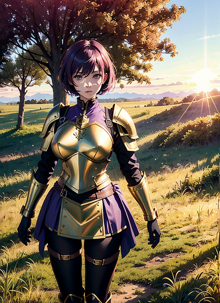 1 girl solo, short purple hair, dark brown eyes, red head Ribbon, she wears knight armor, with golden breastpiece, golden shoulder pads, black skirt, with armored leggings, shes standing in a field by a giant tree, sunset, virbant, god rays