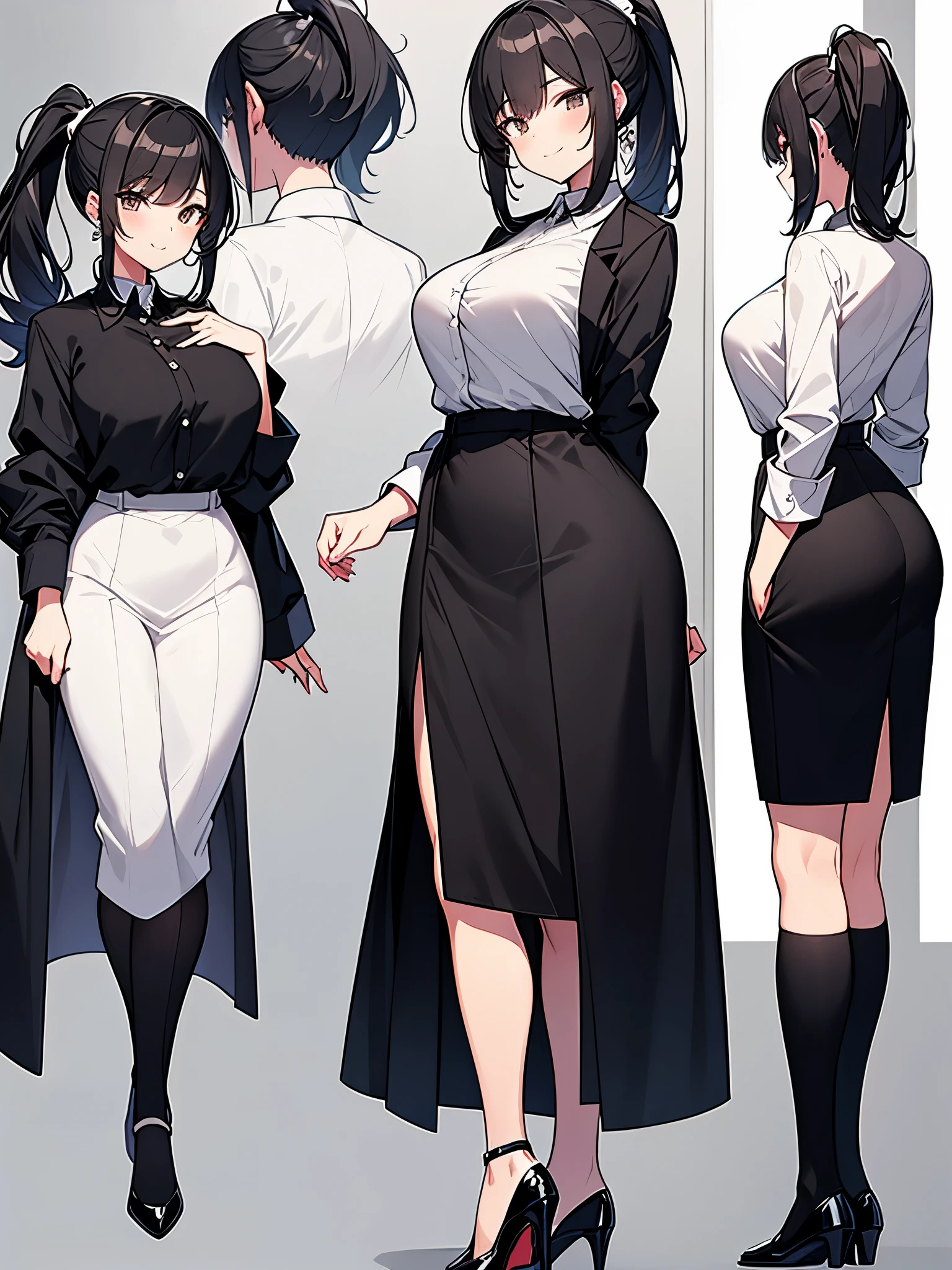 View from directly behind:1.9 Close-up on the back of the head:1.9. Back:1.9 Women Apartment room Smiling Full Body High ponytail:3.6 Working adult, white collared shirt, 3/4 sleeves, black skirt, black jacket, short black hair, straight hair, hair tie Brown eyes, tall, strong-willed, tall and slender, large breasts, narrow eyes, beautiful