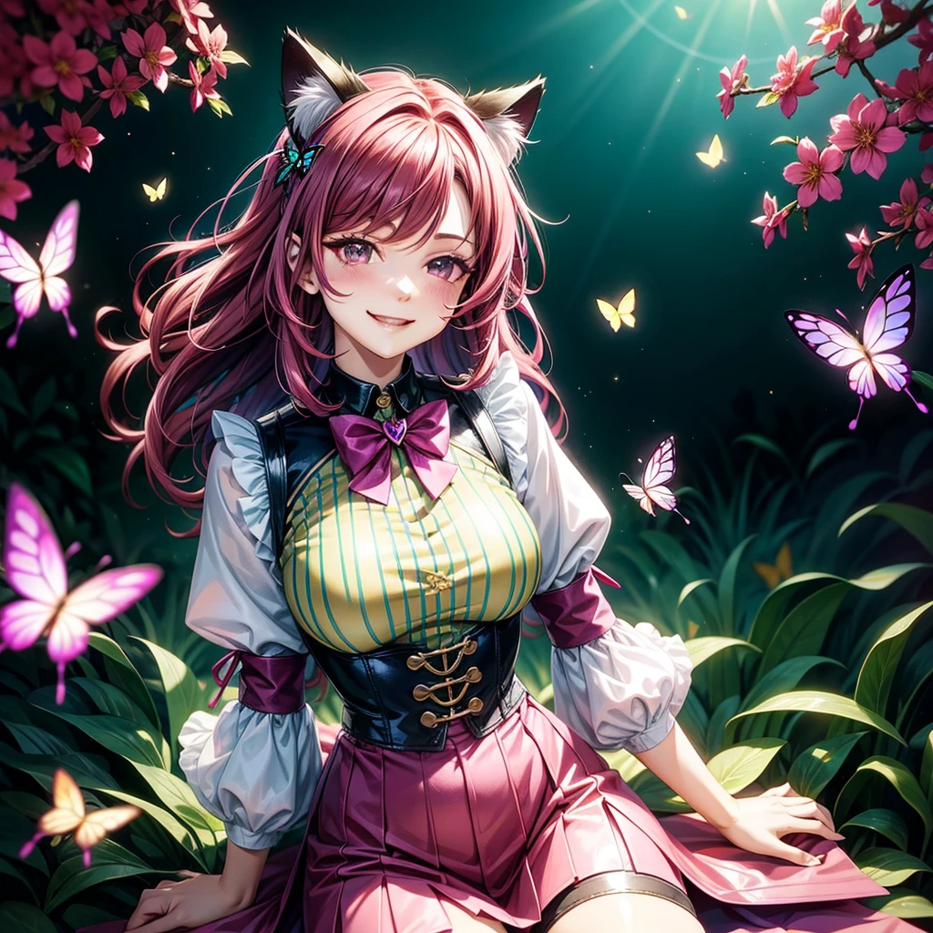 Magenta hair, brown eyes, older woman, hair bows, cat ears, long hair, smiling face, sexy outfit, butterflies, teal and gold outfit, butterfly background, uniform open chest top