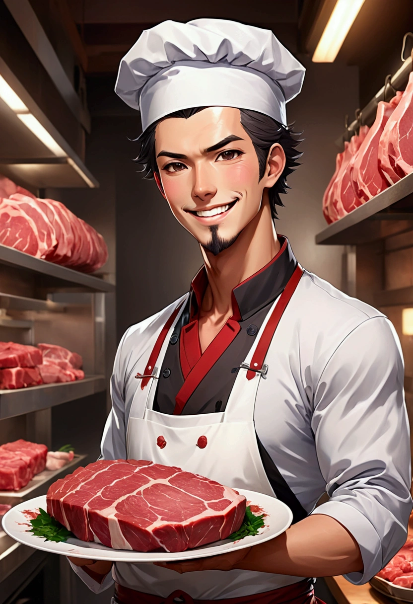 anime style butcher , anime butcher with closed , anime butcher warm smile, anime butcher waring butcher attire , holding anime style raw meat in a plate,