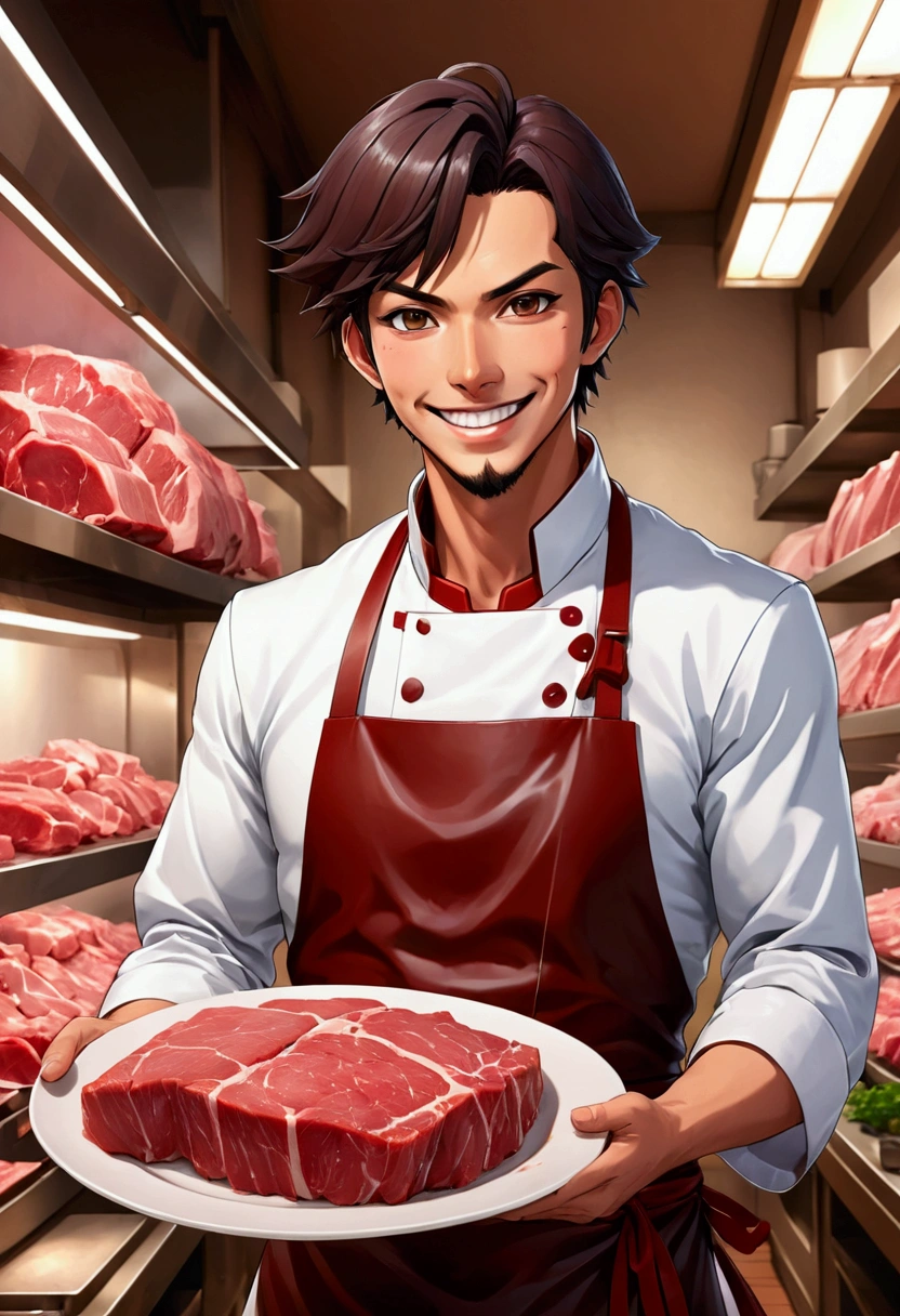 anime style butcher , anime butcher with closed , anime butcher warm smile, anime butcher waring butcher attire , holding anime style raw meat in a plate,