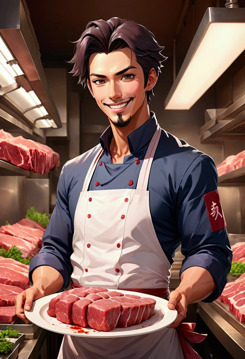 anime style butcher , anime butcher with closed , anime butcher warm smile, anime butcher waring butcher attire , holding anime style raw meat in a plate, 
