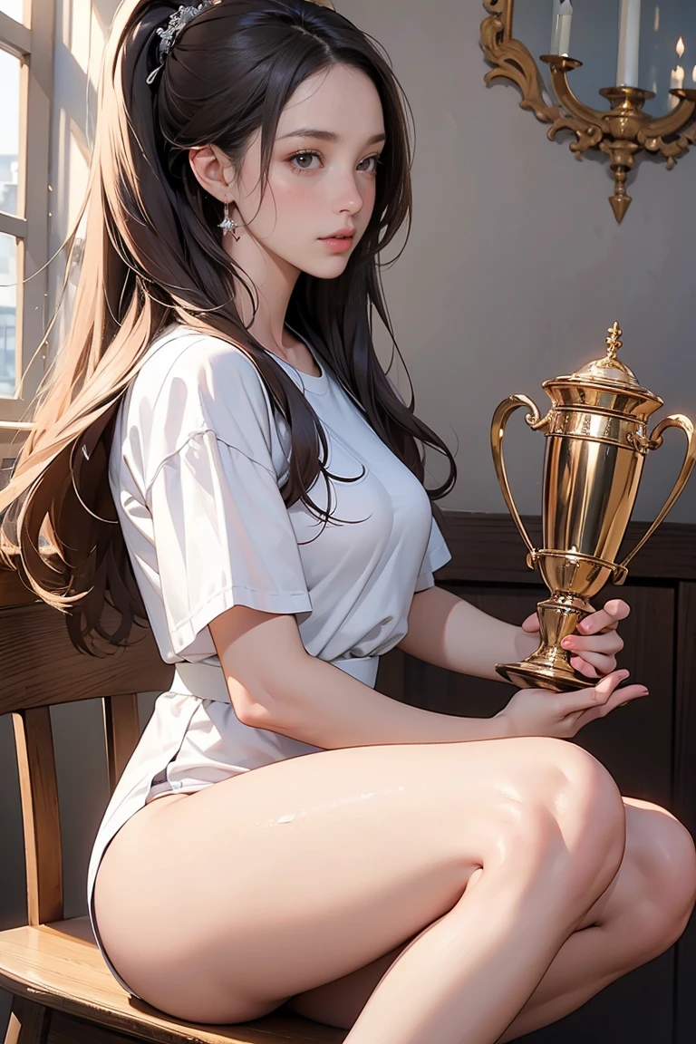 ((Masterpiece, Highest quality, high resolution, highly detailsed CG unified 8K wallpaper)), alone, Araffe woman kissing the trophy on the tennis court, Martina Fackova, Simona Sbuffy is the team captain., Magdalena more often, By January Suchodolski, win, medium details, Expression of happiness and excitement, celebrate, in details, details, Serena Mayon, Best shot, Get naked, fuck
