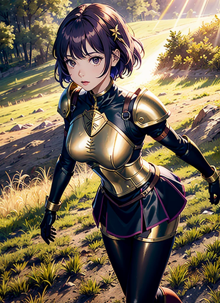 1 girl solo, short purple hair, brown eyes, red head Ribbon, she wears knight armor, with golden breastpiece, golden shoulder pads, black skirt, with armored leggings, shes standing in a field by a giant tree, sunset, virbant, god rays