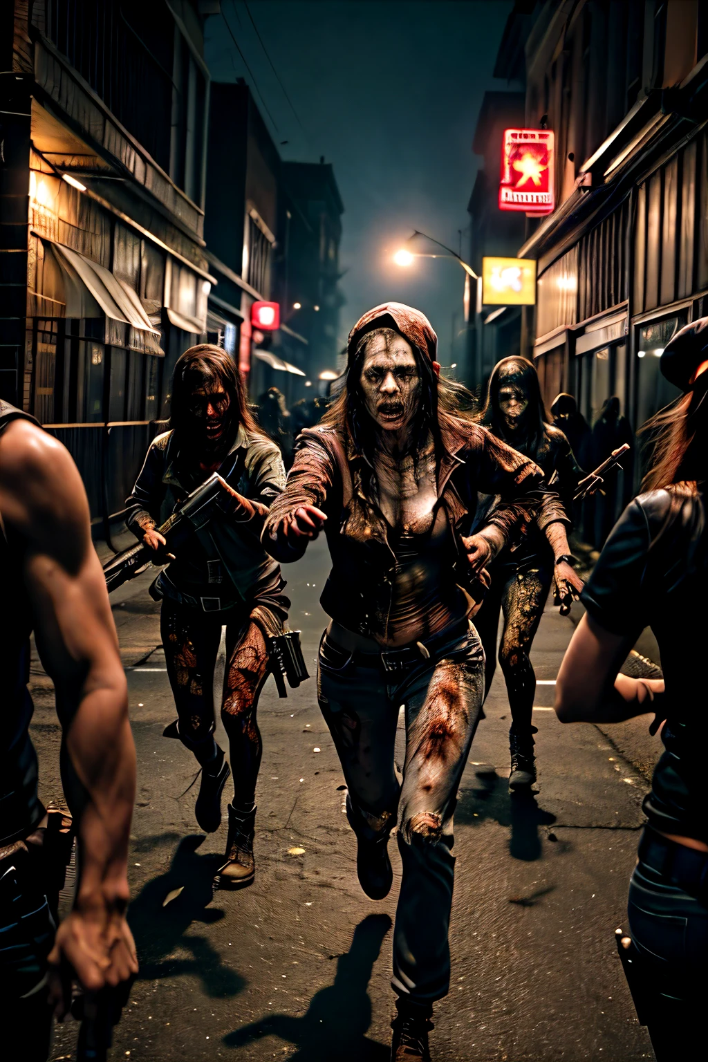 Create a dynamic and intense scene with a large number of zombies chasing a man who is holding a gun. In the background, include a girl wearing a cap, along with two other girls: one wielding a chainsaw and the other brandishing dual Uzis. All characters should be in motion, running away from the advancing zombies, creating a sense of urgency and action. The setting should be dark and chaotic, with the zombies appearing menacing and the scene filled with tension and movement."