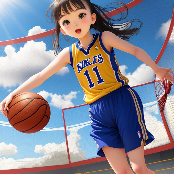 Dreamy, Cute girl, Lift your left leg, Left hand under the hip shot basketball, Right hand basketball, Blue sky, Sunlight, Surreal