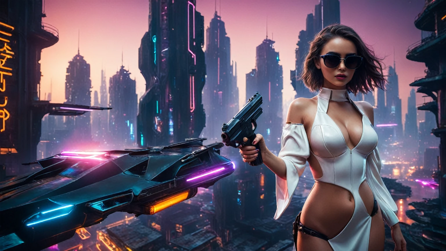 (aerial view, a flying cars docking platform, a very dark abandoned futuristic city, neon lights). 1girl, solo, alone, large-breast:1.2 slim body, cleavage:1.1, sexy dress:1.4, (black sunglasses), ((holding a pistol)), half-body thigh level medium shot, cinematic lighting, lens flare, ray tracing.