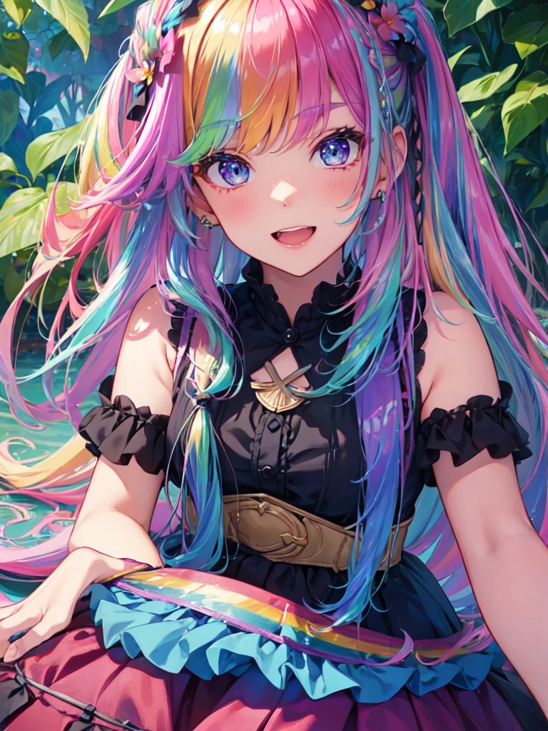 (In 8K, best quality, muste piece:1.2)、ultra high resolution,1 female 、ultra-detailed face,detailed eyes,open mouth,laughing,((Rainbow Hair)),asymmetrical bangs,twin braids,BREAK,((flower dress)),ruffle skirt,BREAK,(iridescent light:1.4),botanical garden