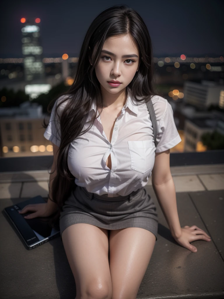 1girl, (uniform), sits with her legs pressed to her chest, detailed night view ofMetropolitan city at the background, detailed face, detailed eyes, brunette, big breasts, smooth realistic skin, semi-curvy body, white shirt, grey blue hot miniskirt , looking at the audience, Full body shot, camera from above, overhead view, (8k, RAW photo, best quality, masterpiece: 1.2), (realistic, realistic: 1.37), ultra-high resolution