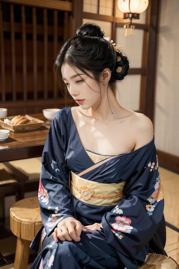 (((best quality))),(((ultra detailed))),(((masterpiece))),illustration,((1 beautiful Japannese girl,solo)),((slim,thin)),((small breasts,flat chest)),(in izakaya:1.3),(summer:1.2),(rainy:1.3),(indoor:1.2),(night scene:1.3),(wet:1.3),(collar:1.2),(blue floral kimono:1.3),neat bun,porcelain skin,rouge,dimly lit,warm glow,ethereal,(standing beside the table:1.3),sake bottle,half-empty glass,tray,grilled fish,steamed vegetables,half-eaten,melancholic smile,storm,solitude,enigmatic aura,tranquility,chaos,simplicity,mysterious,captivating,((from front,upper body))