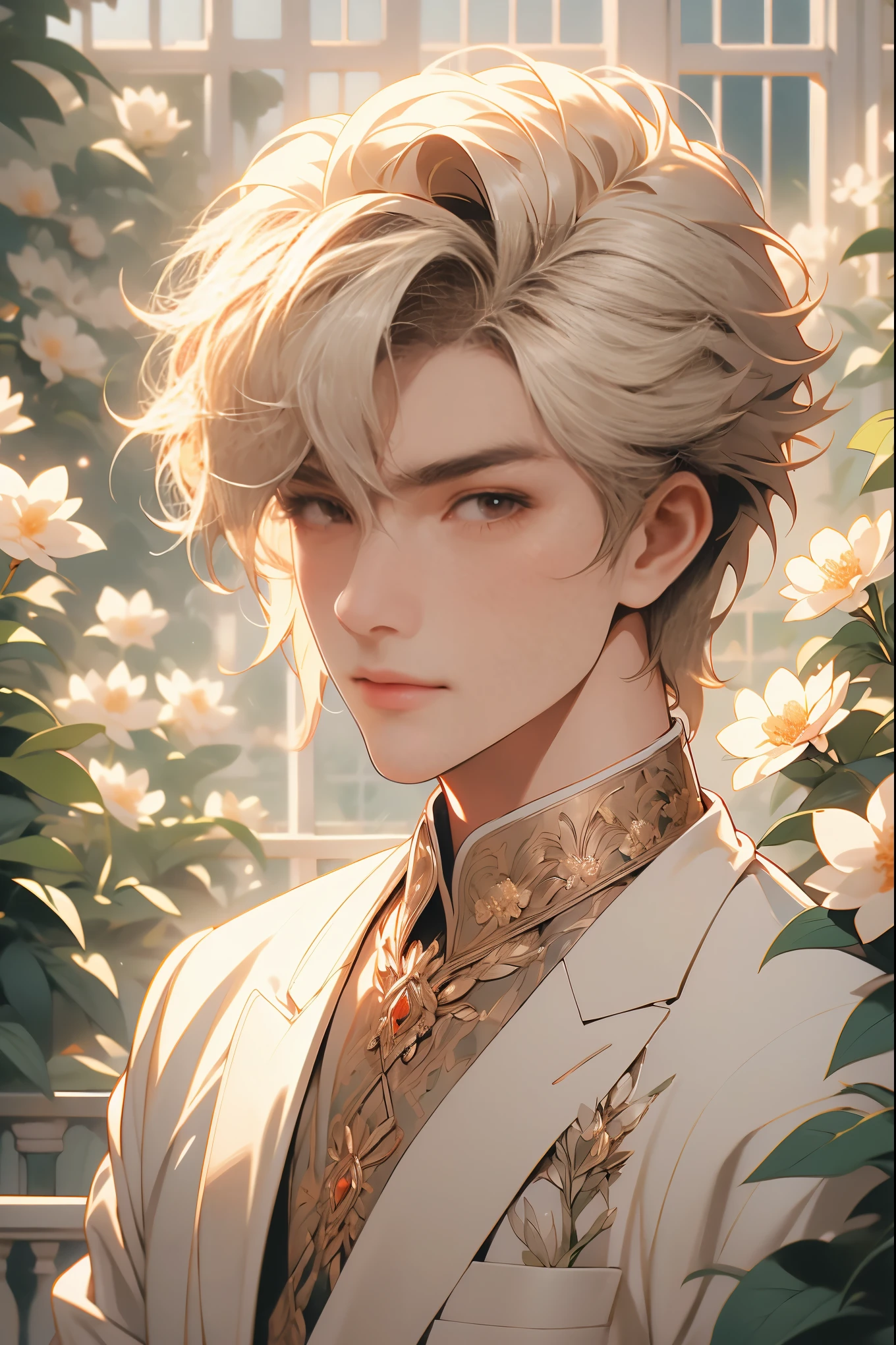 extremely delicate and beautiful, Amazing, finely detail, masterpiece, ultra-detailed, highres,best illustration, best shadow,intricate,sharp focus,  high quality, 1male, solo, blond hair. red eyes, kaveh genshin impact, glass greenhouse, flowers in pots, flowers for sale, man looking at flowers, flowers everywhere