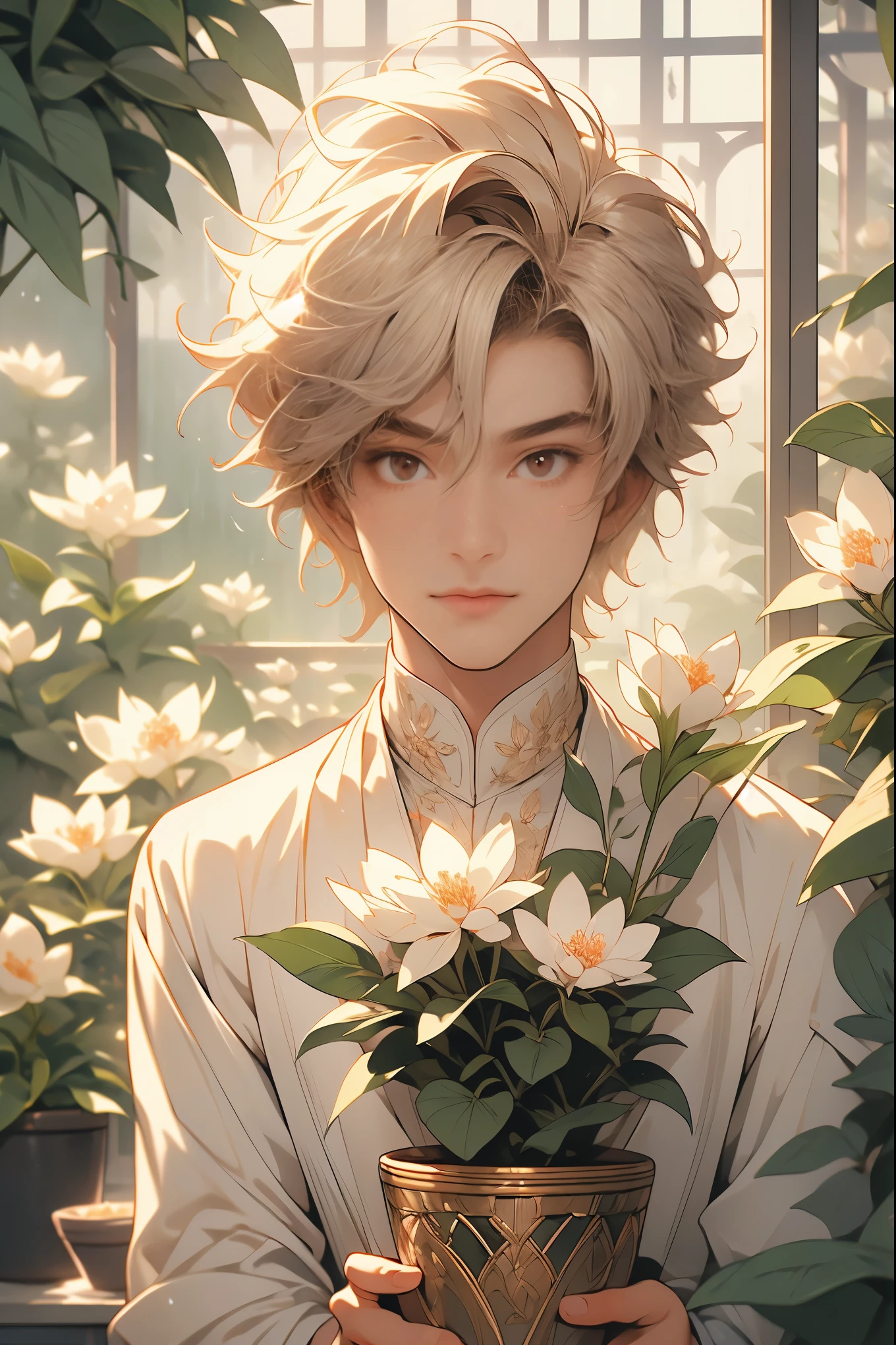 extremely delicate and beautiful, Amazing, finely detail, masterpiece, ultra-detailed, highres,best illustration, best shadow,intricate,sharp focus,  high quality, 1male, solo, blond hair. red eyes, kaveh genshin impact, glass greenhouse, flowers in pots, flowers for sale, man looking at flowers, flowers everywhere