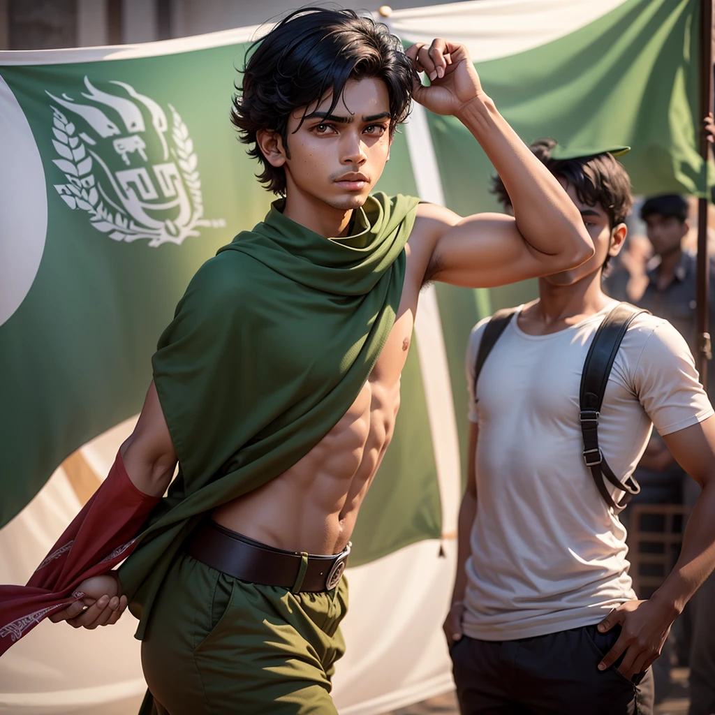 There will be a Bangladeshi youth in the film. His name will be written as 'Rana'. The background will have the flag of Bangladesh. The boy's face will be covered with a red ribbon.
