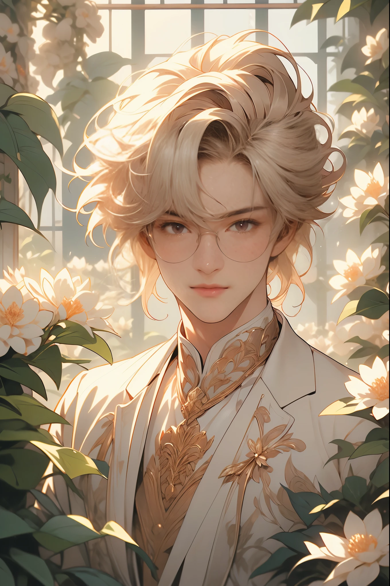 extremely delicate and beautiful, Amazing, finely detail, masterpiece, ultra-detailed, highres,best illustration, best shadow,intricate,sharp focus, high quality, 1male, solo, blond hair. red eyes, kaveh genshin impact, glass greenhouse, flowers in pots, flowers for sale, man looking at flowers, flowers everywhere