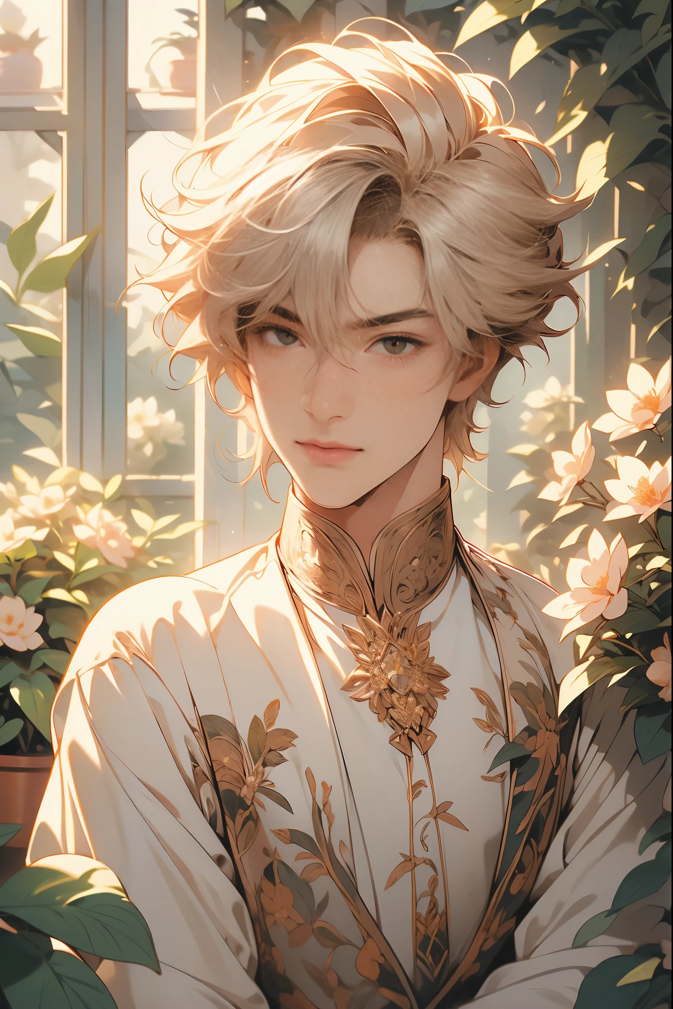 extremely delicate and beautiful, Amazing, finely detail, masterpiece, ultra-detailed, highres,best illustration, best shadow,intricate,sharp focus, high quality, 1male, solo, blond hair. red eyes, kaveh genshin impact, glass greenhouse, flowers in pots, flowers for sale, man looking at flowers, flowers everywhere