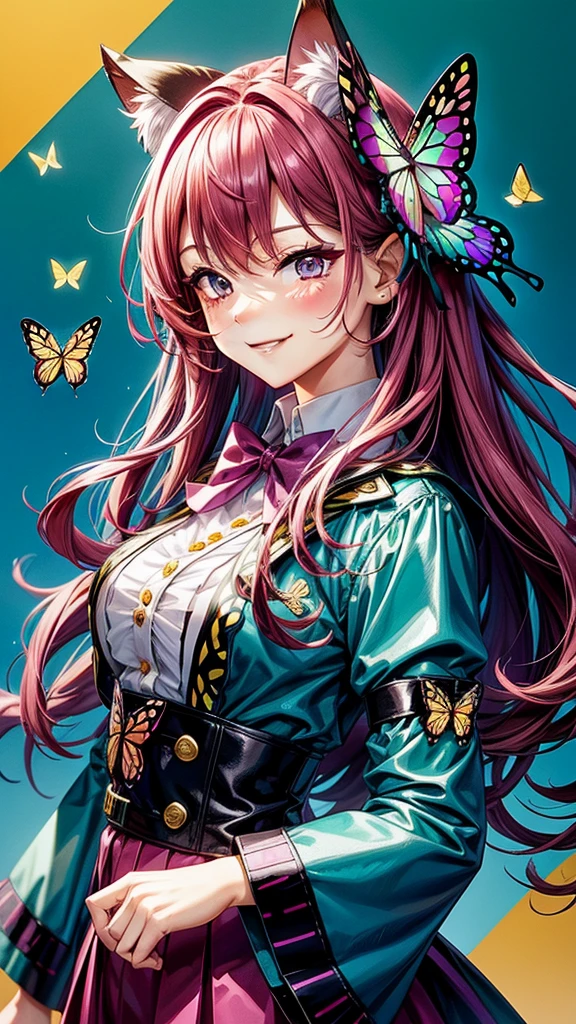 Magenta hair, brown eyes, older woman, hair bows, cat ears, long hair, smiling face, sexy outfit, butterflies, teal and gold outfit, butterfly background, uniform top