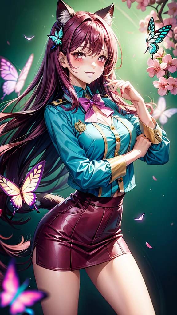 Magenta hair, brown eyes, older woman, hair bows, cat ears, long hair, smiling face, sexy outfit, butterflies, teal and gold outfit, butterfly background, uniform top