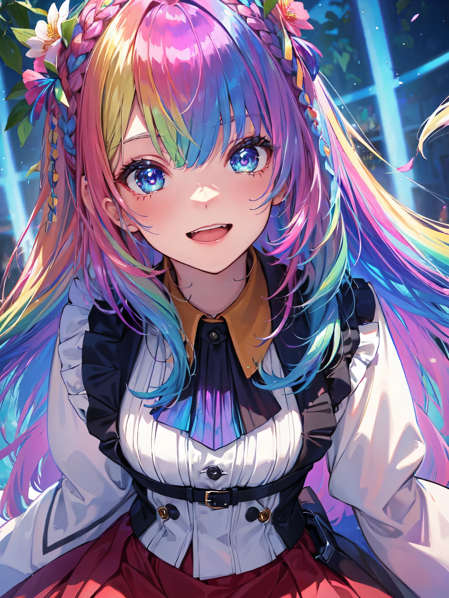 （In 8K, best quality, muste piece:1.2)、ultra high resolution,1 female 16 years old、ultra-detailed face,detailed eyes,open mouth,laughing,((Rainbow Hair)),asymmetrical bangs,twin braids,BREAK,((flower dress)),ruffle skirt,BREAK,(iridescent light:1.4),botanical garden