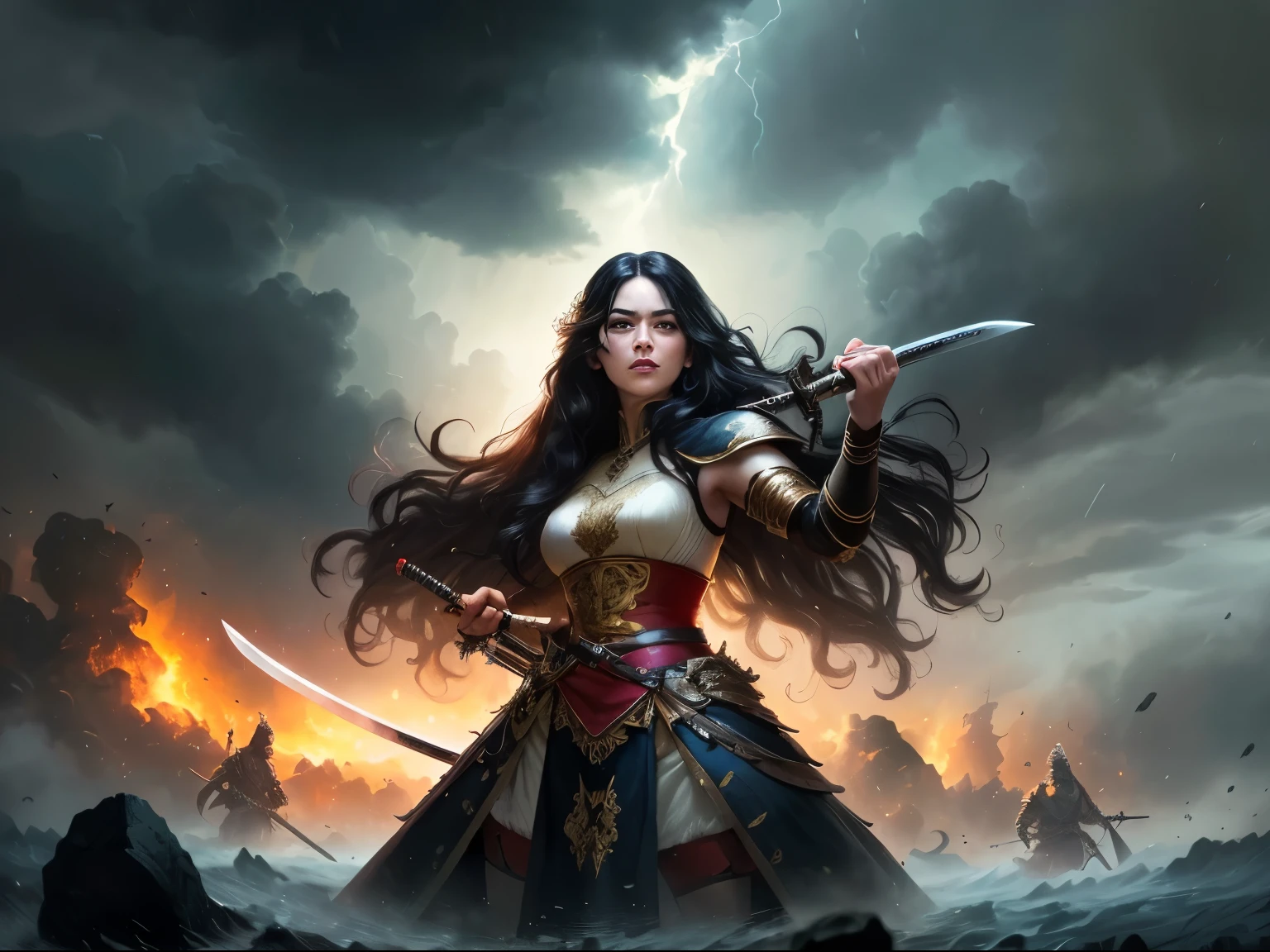 ((best quality)), ((masterpiece)), (detailed), A digital illustration of a furious queen with long black hair holding a sword and fighting off monsters in a stormy background. The women is wearing a queen traditional war attire