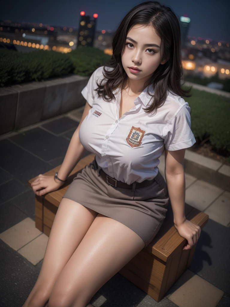1girl, (uniform), sits with her legs pressed to her chest, detailed night view ofMetropolitan city at the background, detailed face, detailed eyes, brunette, big breasts, smooth realistic skin, semi-curvy body, white shirt, grey blue hot miniskirt , looking at the audience, Full body shot, camera from above, overhead view, (8k, RAW photo, best quality, masterpiece: 1.2), (realistic, realistic: 1.37), ultra-high resolution