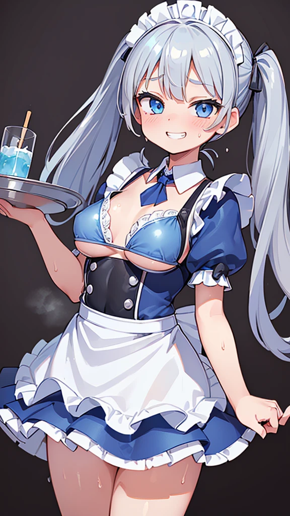 ((masterpiece、Highest quality、Very detailed)、((One Girl))、((Twin tails))、((Bright Blue Eyes))、Wicked Smile、((Grin))、((Very large chest))、((Sweat))、((Maid Bikini))、((Micro Mini Skirt))、Cowboy Shot、((chest_upon_tray))、((holding a silver tray in both hands))、((I had already finished))、Bar Background