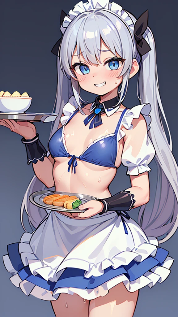 ((masterpiece、Highest quality、Very detailed)、((One Girl))、((Twin tails))、((Bright Blue Eyes))、Wicked Smile、((Grin))、((Very large chest))、((Sweat))、((Maid Bikini))、((Micro Mini Skirt))、Cowboy Shot、((chest_upon_tray))、((holding a silver tray in both hands))、((I had already finished))、Bar Background