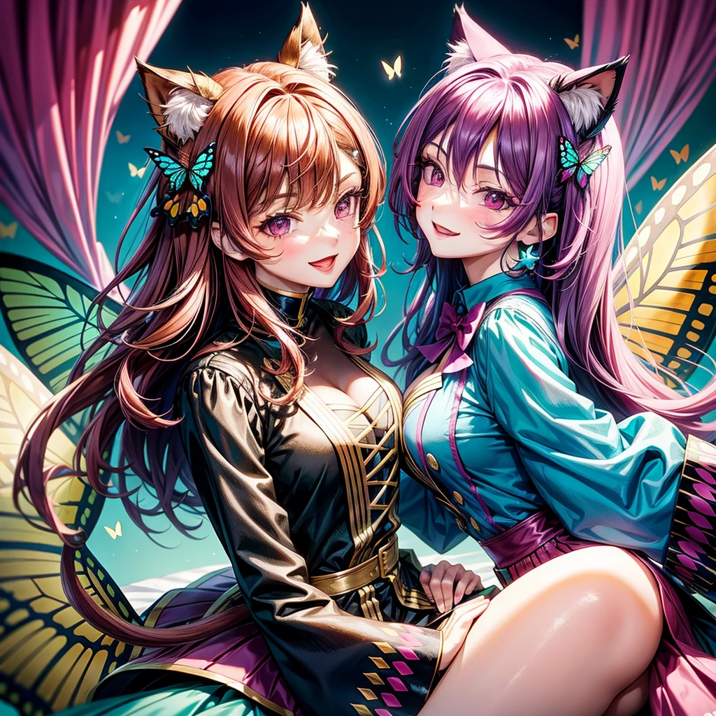 Magenta hair, brown eyes, older woman, hair bows, cat ears, long hair, smiling face, sexy outfit, butterflies, teal and gold outfit, butterfly background, uniform top