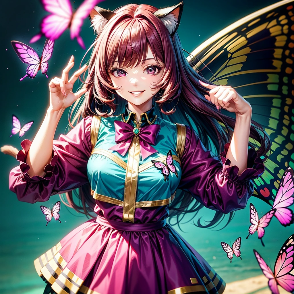 Magenta hair, magenta eyes, older woman, hair bows, cat ears, long hair, smiling face, sexy outfit, butterflies, teal and gold outfit, butterfly background, uniform top