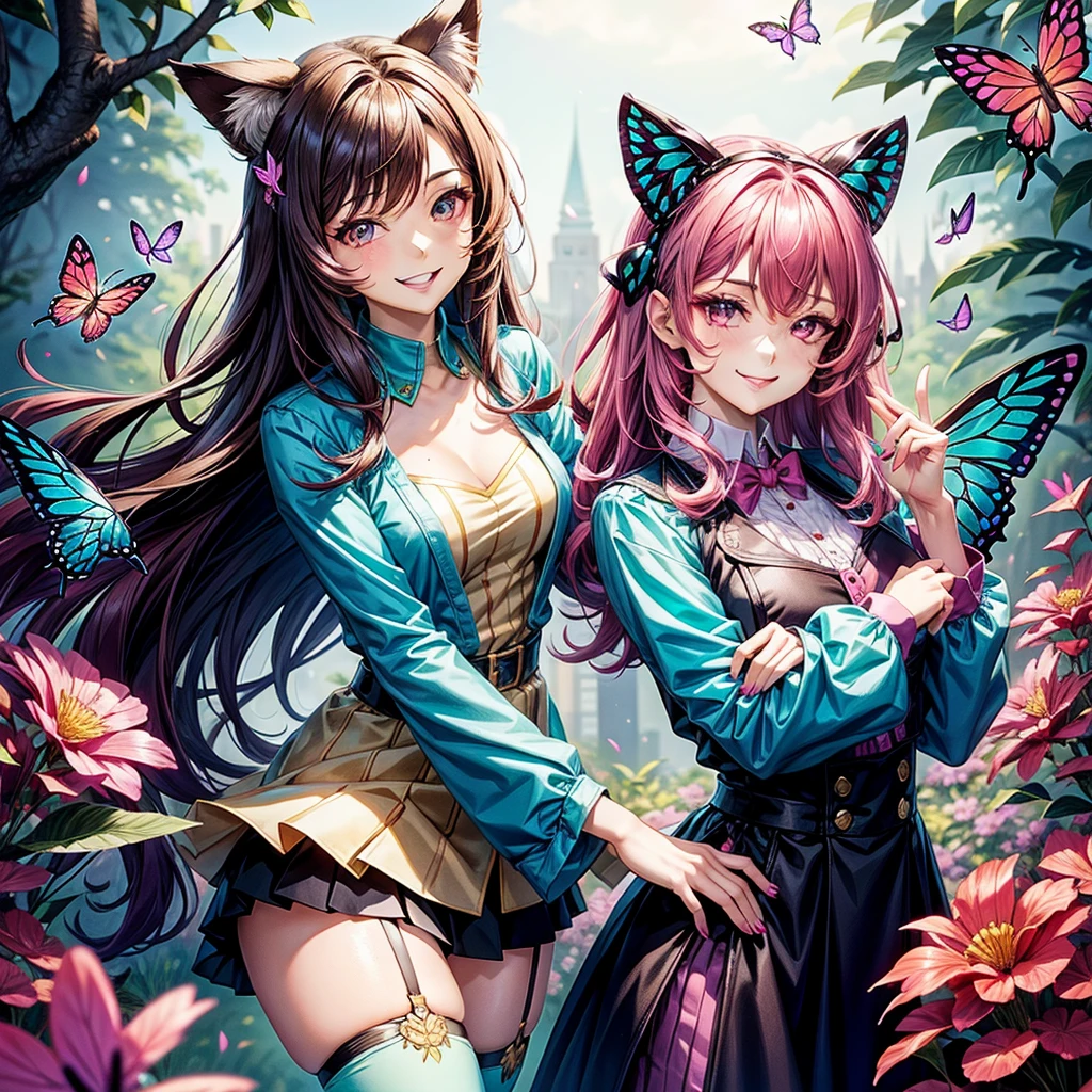 Magenta hair, hazel eyes, older woman, hair bows, cat ears, long hair, smiling face, sexy outfit, butterflies, teal and gold outfit, butterfly background