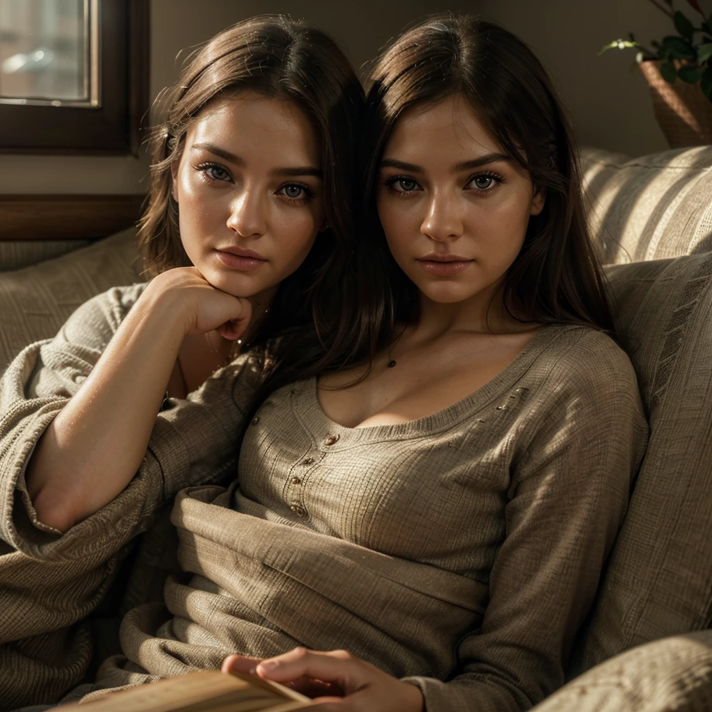 a woman lying on a sofa reading a book, beautiful detailed eyes, beautiful detailed lips, extremely detailed eyes and face, longeyelashes, woman in a cozy living room, sunlight through windows, book in hands, realistic, photorealistic, photo-realistic:1.37, (best quality,4k,8k,highres,masterpiece:1.2),ultra-detailed,(realistic,photorealistic,photo-realistic:1.37),cinematic lighting, moody lighting, warm color tones, soft focus, cozy atmosphere, intricate details, dramatic composition