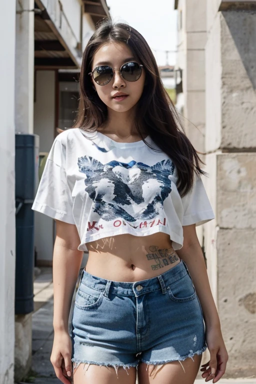 Asian woman Araffe wearing a white shirt and jeans shorts poses for a photo., Korean female fashion model, หญิงKorean girlที่งดงาม, Wear simple, tight-fitting clothing., Photo of a slim girl model, Korean girl, beautiful south korean women, หญิงKorean girlที่สวยงาม, Casual clothing style, The shirt is tight., Thin waist and thick hips, Photo of a slim girl, modern casual clothing
