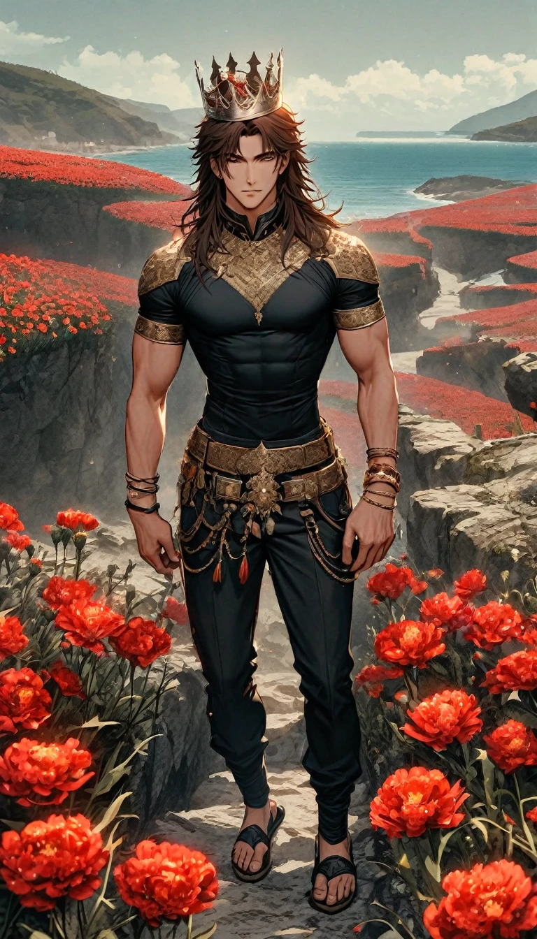 Young man tall handsome toned with shoulder-length hair of reddish brown color, wearing a black shirt and pants, leather huaraches, a gold bracelet on his biceps, a palladium crown adorned with amber crystals surrounded by red carnations with white on a hill next to the sea 