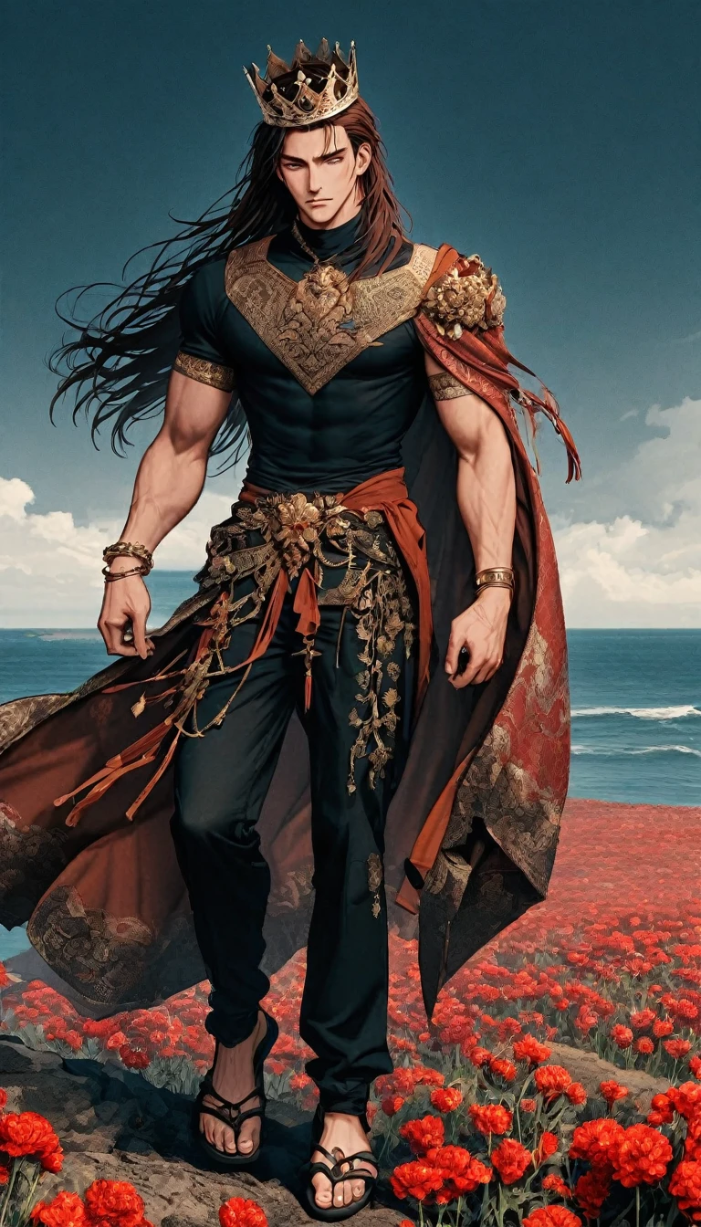 Young man tall handsome toned with shoulder-length hair of reddish brown color, wearing a black shirt and pants, leather huaraches, a gold bracelet on his biceps, a palladium crown adorned with amber crystals surrounded by red carnations with white on a hill next to the sea