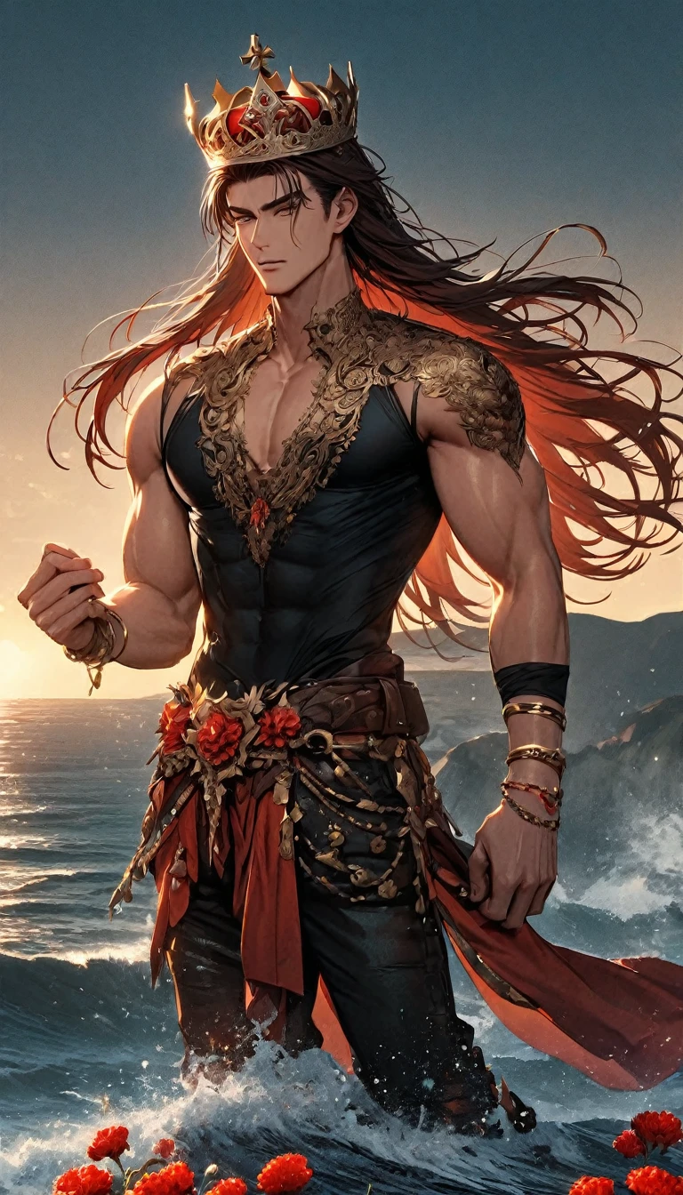 Young man tall handsome toned with shoulder-length hair of reddish brown color, wearing a black shirt and pants, leather huaraches, a gold bracelet on his biceps, a palladium crown adorned with amber crystals surrounded by red carnations with white on a hill next to the sea