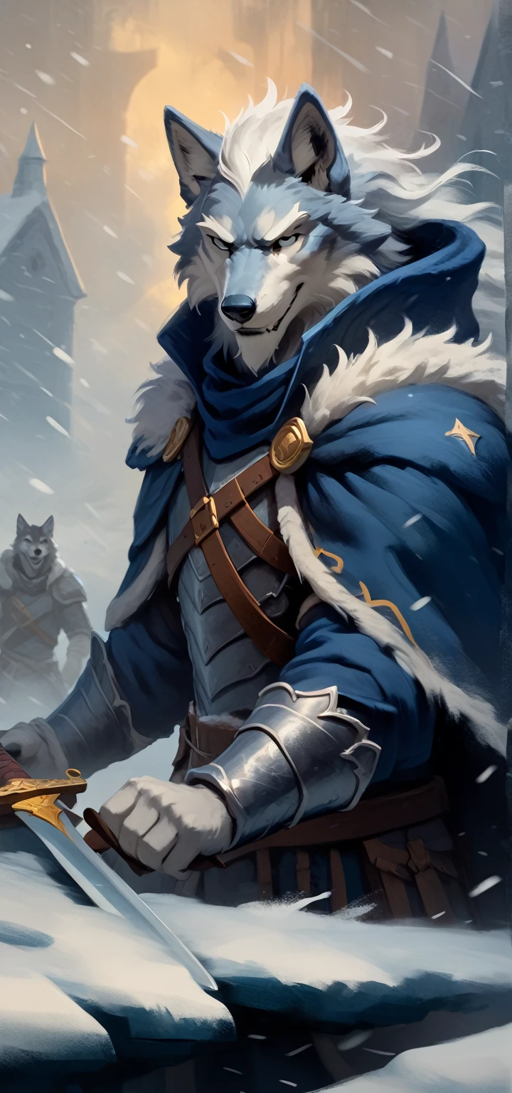 smug, friendly and stern looking anthropomorphic wolf paladin, he has dark grey and white fur, he has big white brows, he has long wizard beard, he is wearing plate armor and a navy blue cloak, he is holding a sword, in battle in blizzard, masterpiece digital painting, digital painting

