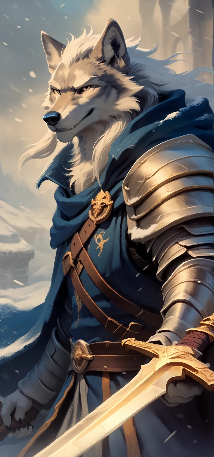 smug, friendly and stern looking anthropomorphic wolf paladin, he has dark grey and white fur, he has big white brows, he has long wizard beard, he is wearing plate armor and a navy blue cloak, he is holding a sword, in battle in blizzard, masterpiece digital painting, digital painting