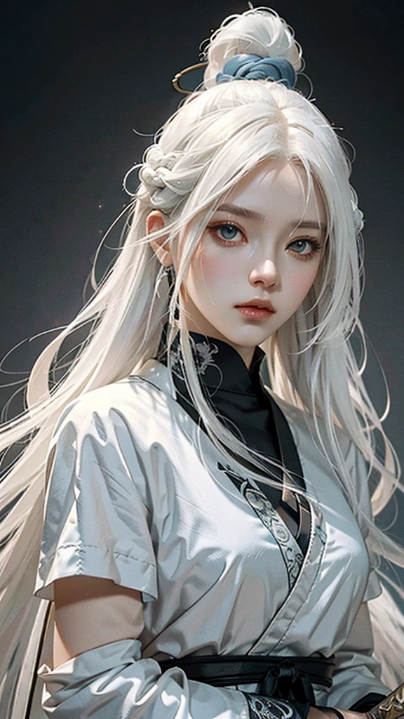 a close up of a person with white hair and a sword, white haired deity, with white long hair, with long white hair, artwork in the style of guweiz, white haired, guweiz, handsome guy in demon slayer art, beautiful character painting, by Yang J, white-haired, guweiz on pixiv artstation, anime character,blue clothing
