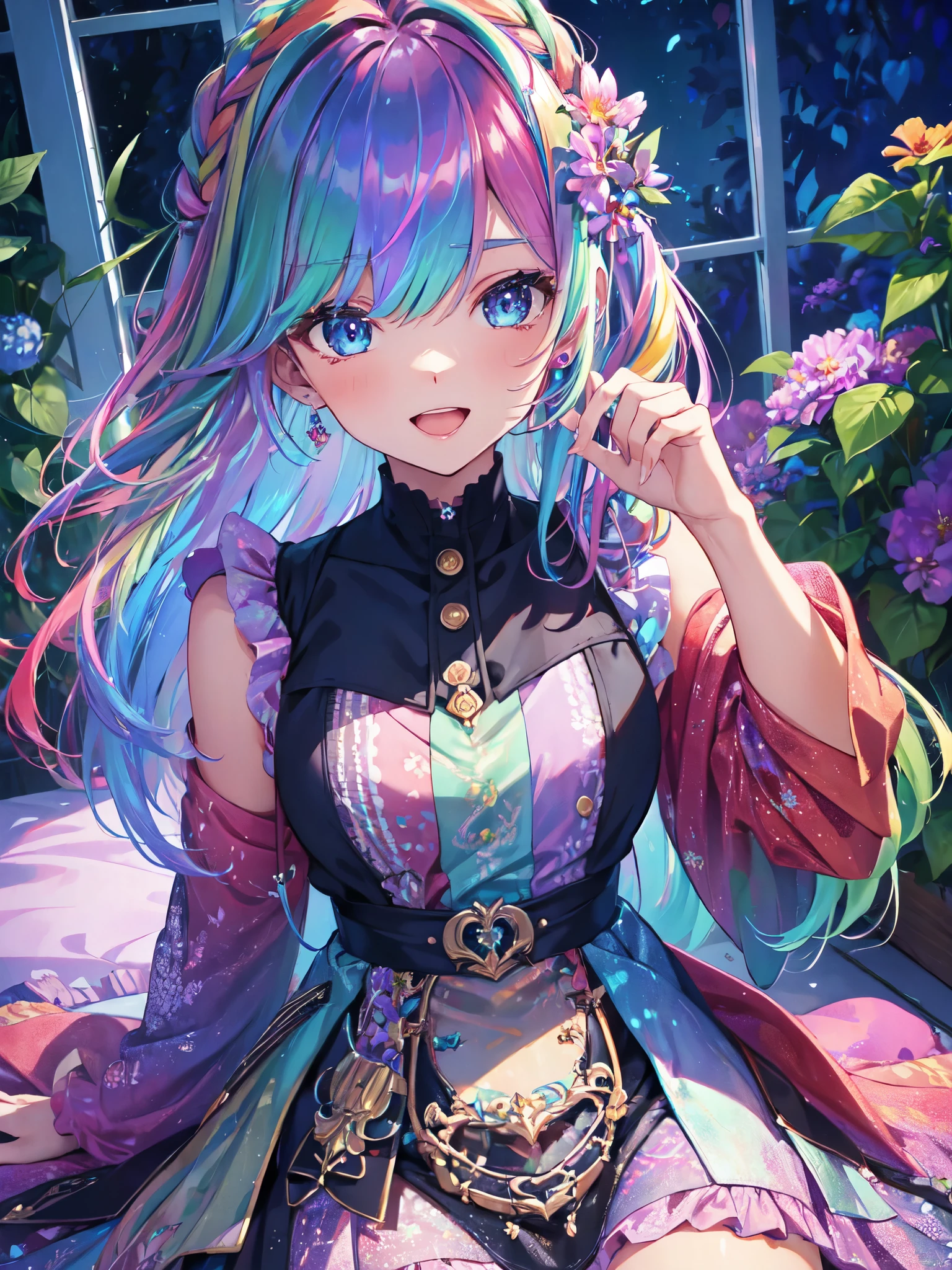 (In 8K, best quality, muste piece:1.2)、ultra high resolution,1 female 、ultra-detailed face,detailed eyes,open mouth,laughing,((Rainbow Hair)),asymmetrical bangs,twin braids,BREAK,((flower dress)),ruffle skirt,BREAK,(iridescent light:1.4),botanical garden