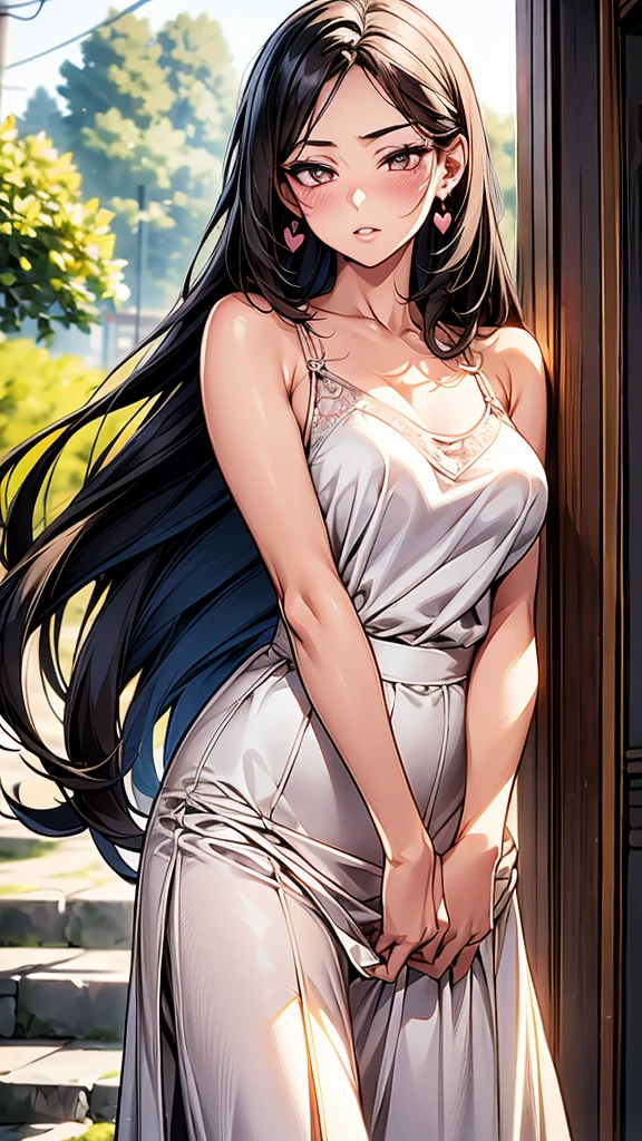 1 lady, Beautiful asian lady, Long straight hair, beautiful face, detailed face, delicate eyes, detailed pupil, beautiful and delicate lips, white camisole long skirt, Simple and stylish, hand drawn animation, high detailed, outdoor, blush, shy, heart, in love, symmetrical clothes, best quality, masterpiece, retina