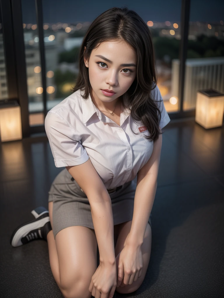 1girl, (uniform), sits with her legs pressed to her chest, detailed night view of Metropolitan city at the background, detailed face, detailed eyes, brunette, big breasts, smooth realistic skin, semi-curvy body, white shirt, grey blue hot miniskirt , looking at the audience, Full body shot, camera from above, (overhead view:1.4), (zoom out:1.4), (8k, RAW photo, best quality, masterpiece: 1.2), (realistic, realistic: 1.37), ultra-high resolution