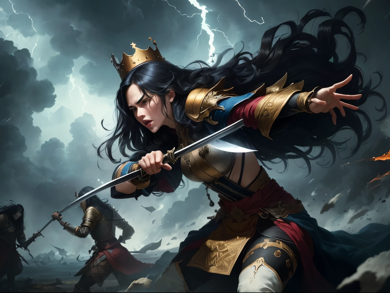 ((best quality)), ((masterpiece)), (detailed), A digital illustration of a furious queen with long black hair holding a sword and fighting off monsters in a stormy background. The women is wearing a queen traditional war attire