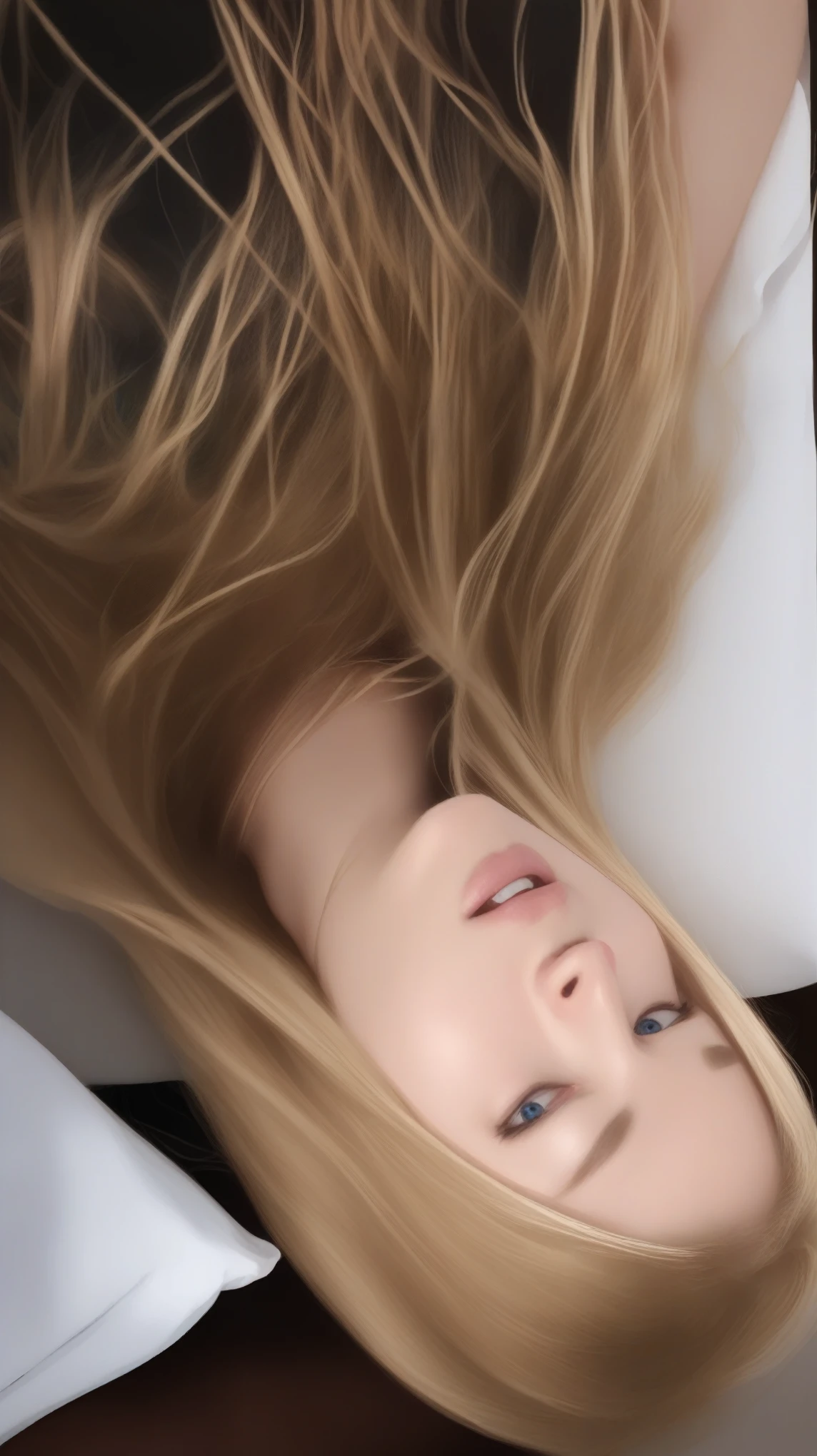 blonde woman lying in bed with her hair up, lying on her back, she is lying on her back, laying down, lying on her back on a bed, neck enlarged from the lips down, clearly coming out of her head, shy looking down, head is up, messy blonde hair, licking, long blonde hair and blue eyes