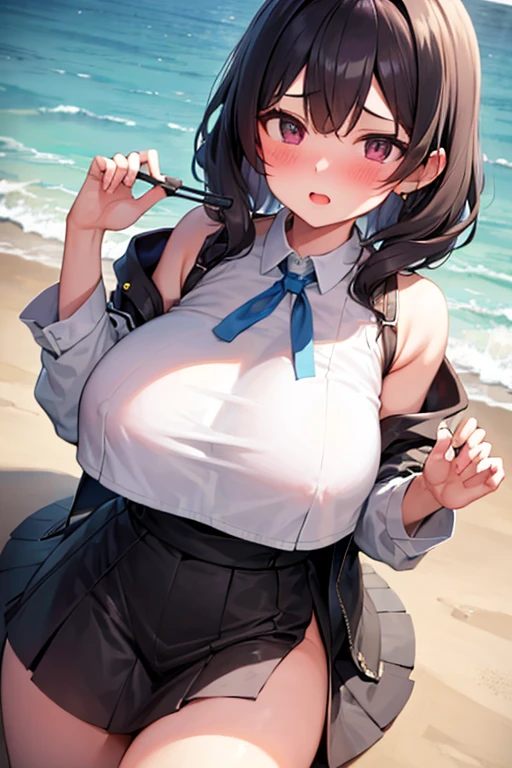 front, Overlooking, having a bird's-eye view, Downward perspective, big boob, large breasts, Blushing, Being looked down upon