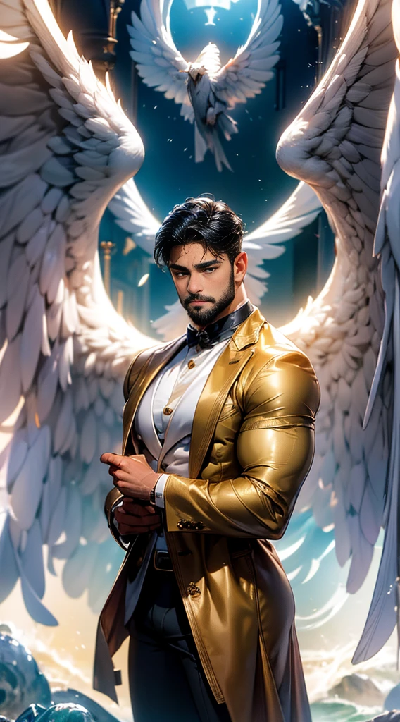(best quality,ultra-detailed,realistic:1.37), sharukh Khan Tronos Character(1), handsome, dark skin, dark-tanned, perfect wings angel, symmetrical wings,blue eyes,small beard, medium-long haircut,casual outfit, urban italian clothing, trench coat, man stance, attractive,vibrant colors, modern long outfit, fight punch pose, epic wallpaper.