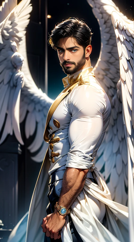 (best quality,ultra-detailed,realistic:1.37), sharukh Khan Tronos Character(1), handsome, dark skin, dark-tanned, perfect wings angel, symmetrical wings,blue eyes,small beard, medium-long haircut,casual outfit, urban italian clothing, trench coat, man stance, attractive,vibrant colors, modern long outfit, fight punch pose, epic wallpaper.