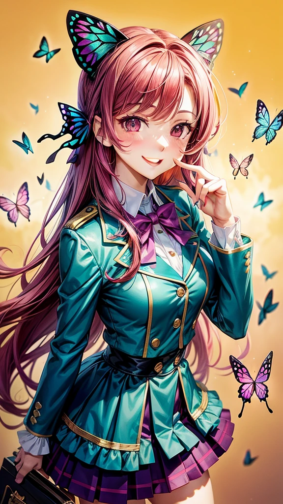 Magenta hair, brown eyes, older woman, hair bows, cat ears, long hair, smiling face, sexy outfit, butterflies, teal and gold outfit, butterfly background, uniform top