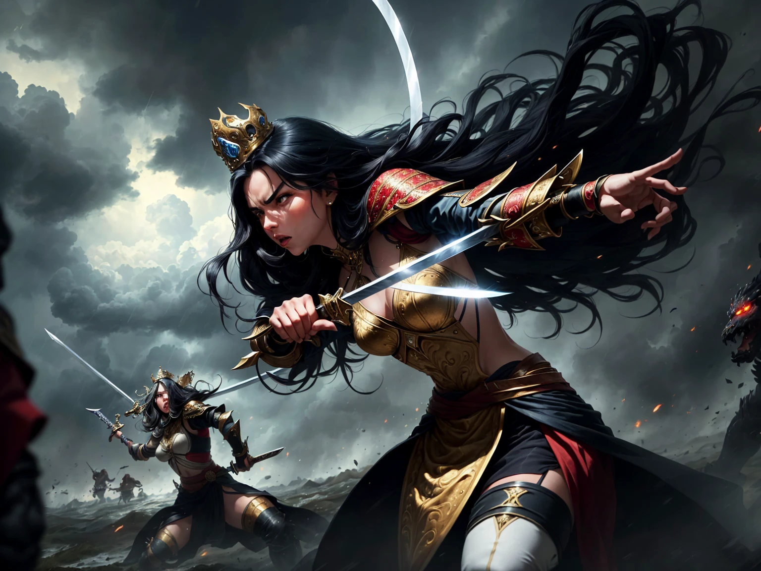 ((best quality)), ((masterpiece)), (detailed), A digital illustration of a furious queen with long black hair holding a sword and fighting off monsters in a stormy background. The women is wearing a queen traditional war attire