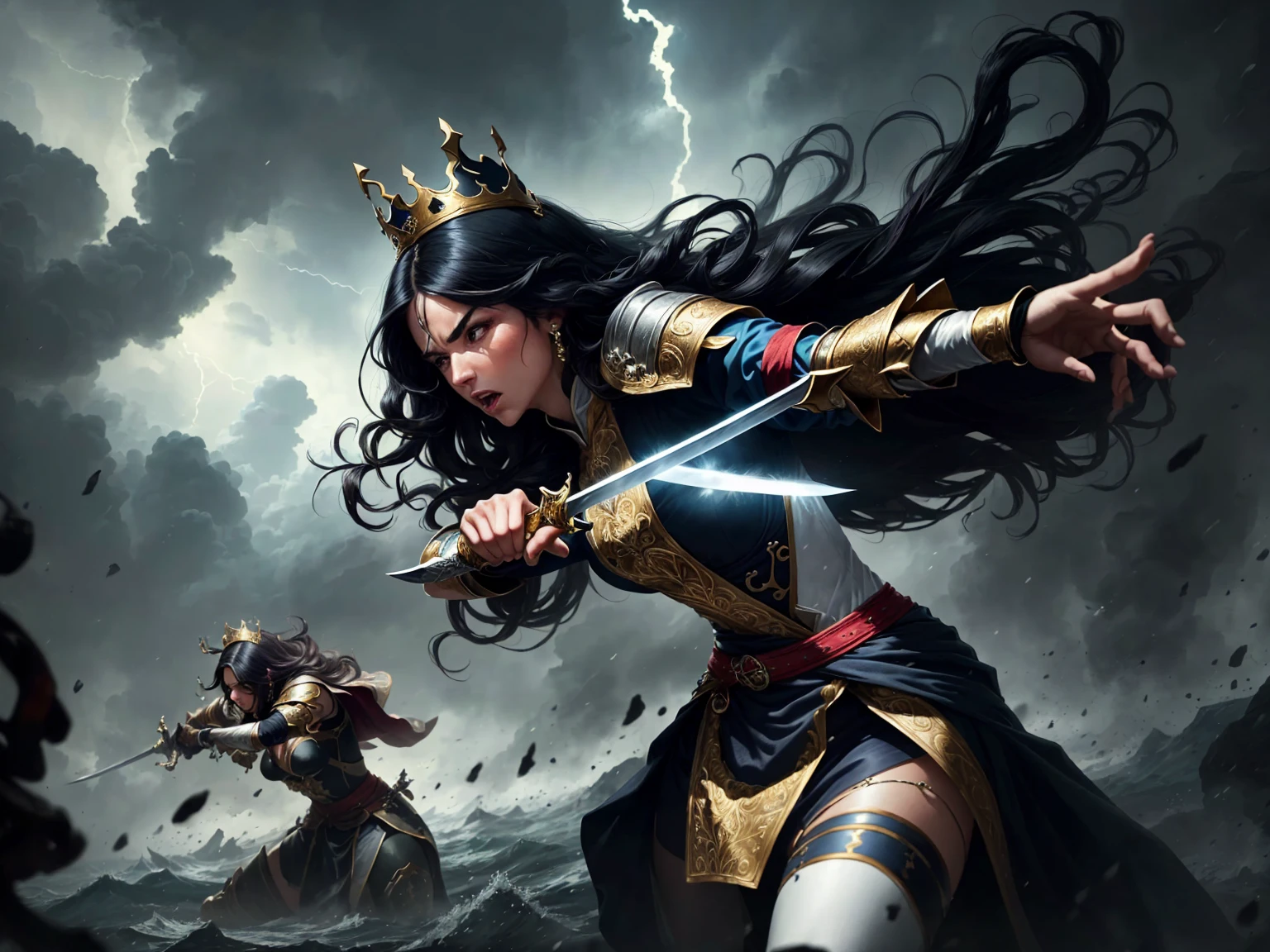 ((best quality)), ((masterpiece)), (detailed), A digital illustration of a furious and angry queen with long black hair holding a sword and fighting off monsters in a stormy background. The women is wearing a queen traditional war attire